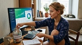 Девушка достаёт деньги из банки для инвестиций