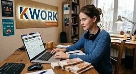 Девушка удалённо зарабатывает через биржу фриланса Kwork